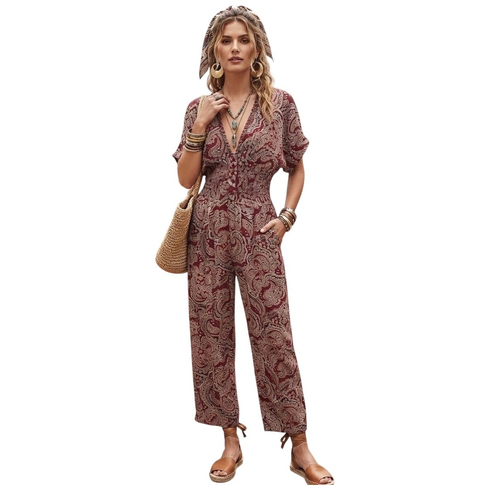 Patrons of Peace Womens Paisley Smocked Waist Jumpsuit Burgundy Boho Medium